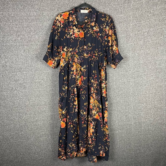 Natural Life Rebecca Midi Dress in Navy Red Bouquets High-Low Hem Pockets Large - Picture 2 of 12